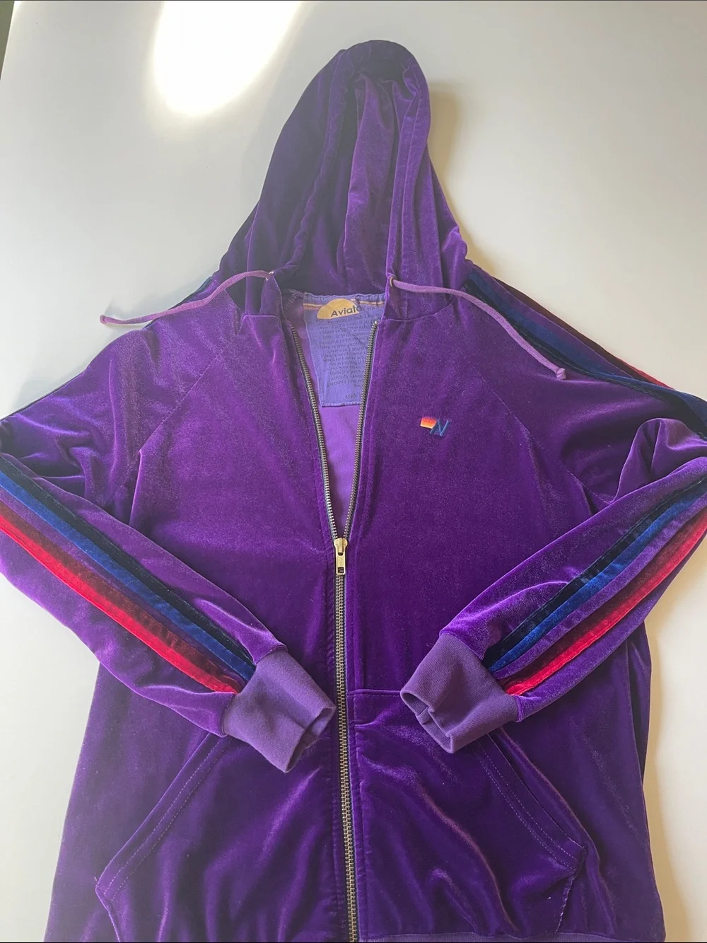 Aviator Nation Purple Velvet Zip Hoodie with Rainbow Sleeve Stripes - Picture 2 of 3